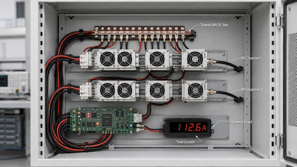 Multi-channel C-UAS RF power amplifier system showing shared 28V DC bus, RF channels, control load, and total current demand.
