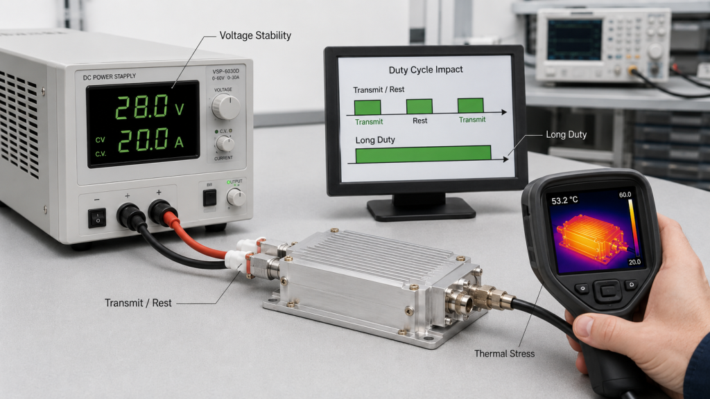 RF power amplifier duty cycle test showing transmit and rest periods, long-duty voltage stability, and thermal stress under 28V supply.