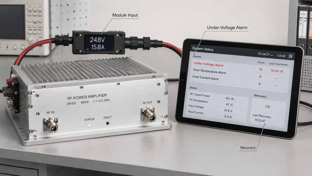 RF power amplifier under-voltage protection status showing low module input voltage, alarm feedback, and recovery condition.