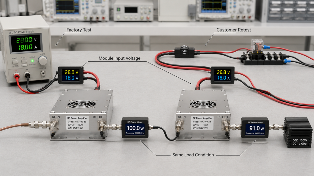 RF power amplifier factory test and customer retest comparison showing module input voltage, same load condition, and RF output data.