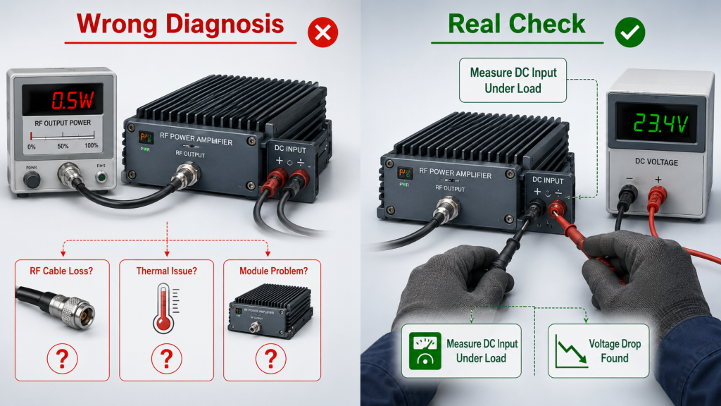 Cable voltage drop mistaken for RF or thermal problem
