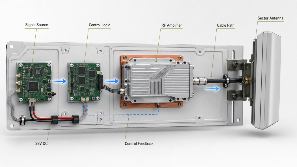 Drone jammer RF chain showing signal source, control logic, RF amplifier, cable path, and sector antenna.