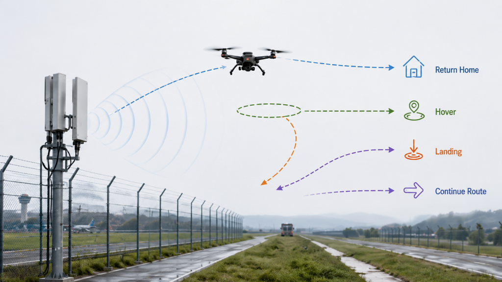 Drone jammer effect showing possible drone responses such as return home, hover, landing, or continue route.