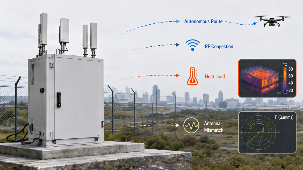 Drone jammer limitations including autonomous route, RF congestion, heat load, and antenna mismatch in field deployment.