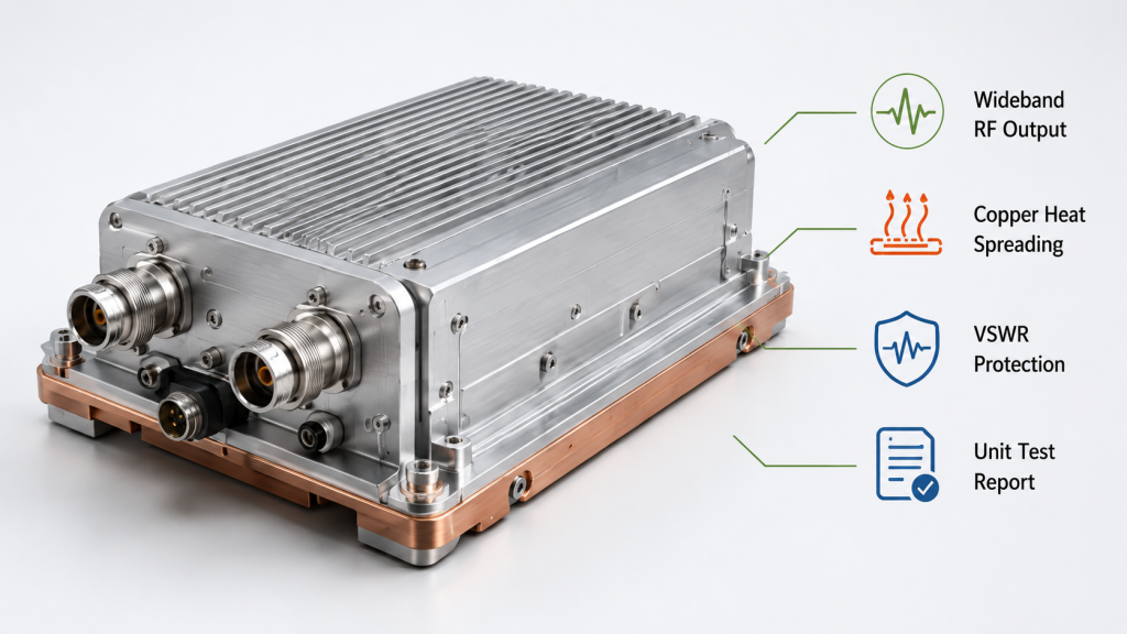 Drone jammer module with wideband RF output, copper heat spreading, VSWR protection, and unit test report.