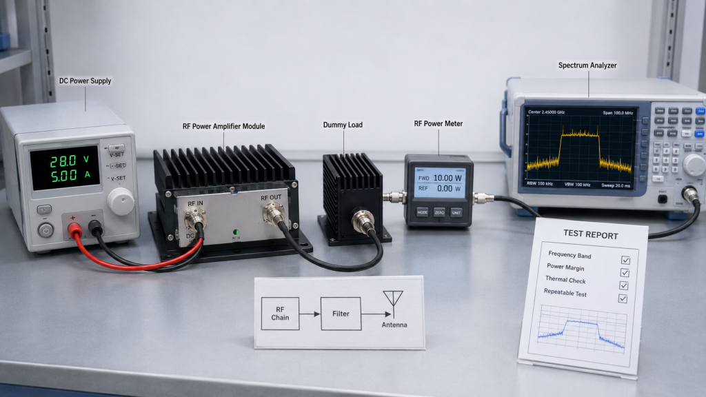 Drone jammer module evaluation setup with DC power supply, RF amplifier module, dummy load, RF power meter, spectrum analyzer, and test report.