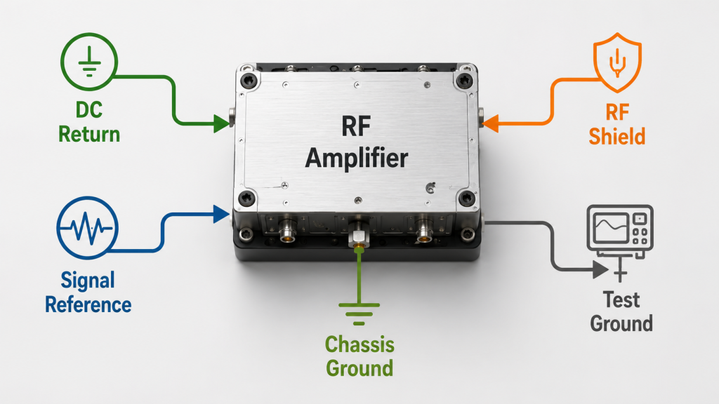 Diagram showing DC return, signal reference, chassis ground, RF shield, and test ground in an RF Power Amplifier grounding system.