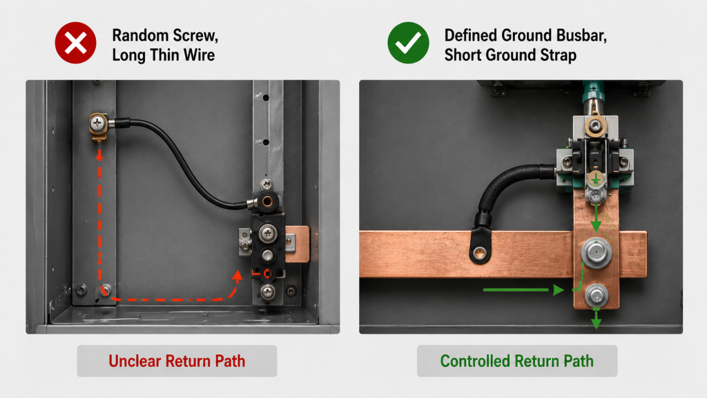 Comparison showing why an RF Power Amplifier ground path is different from connecting a wire to random metal.