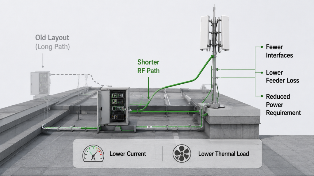 A shorter RF path reduces feeder loss, lowers current and thermal load, and can reduce required RF amplifier power.