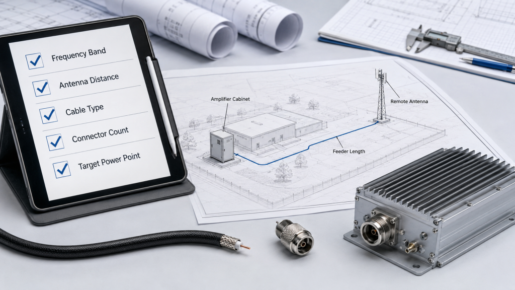 RFQ details for RF Power Amplifier selection should include antenna distance, feeder length, cable type, connector count, and target power point.