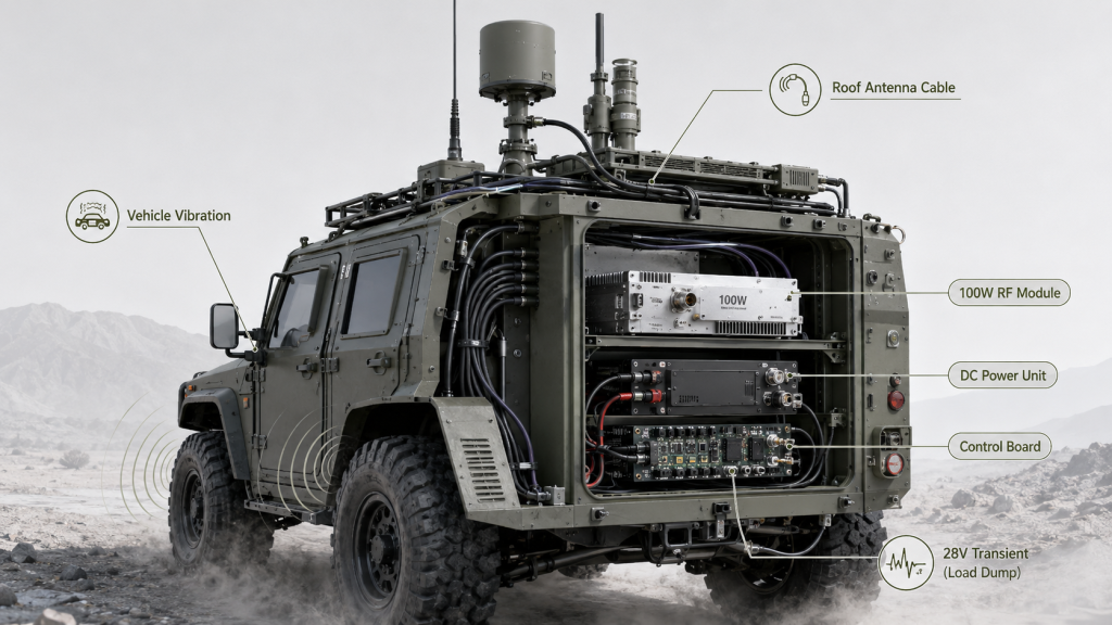 Vehicle-mounted 100W RF Power Amplifier installed in a compact C-UAS cabinet with roof antenna cable