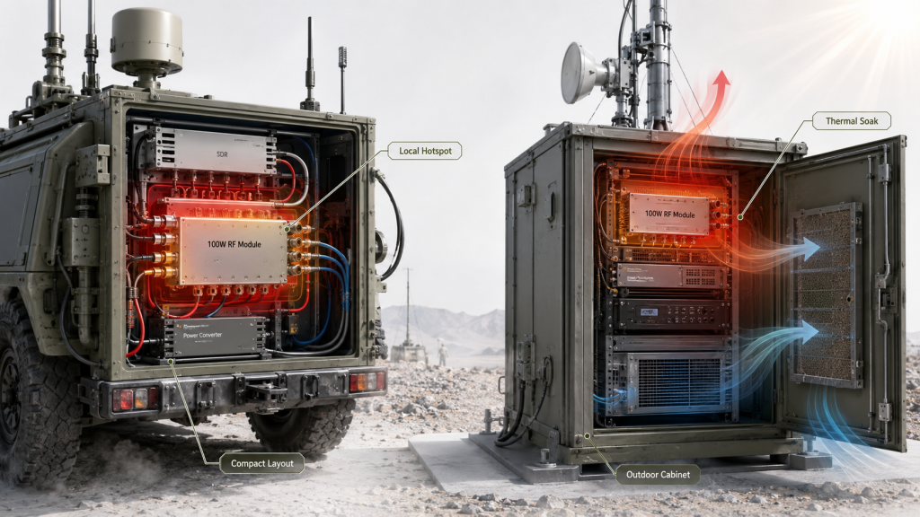 Same 100W RF Power Amplifier showing different heat risks in vehicle compact layout and fixed-site cabinet