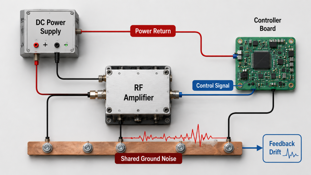 Illustration showing poor grounding noise entering RF Power Amplifier control signals and causing feedback drift.