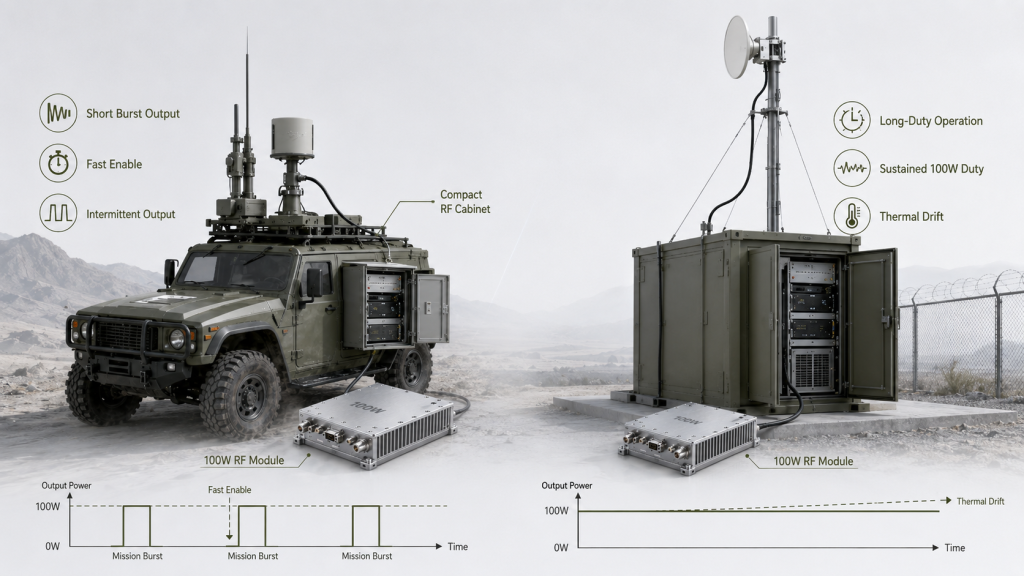 Short mobile RF output compared with fixed-site long-duty operation for a 100W RF Power Amplifier