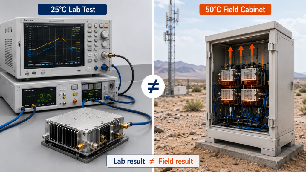 RF Power Amplifier tested at 25°C versus a 50°C field cabinet environment