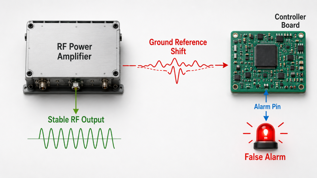 RF Power Amplifier showing stable RF output but false alarm caused by ground reference shift at the alarm pin.