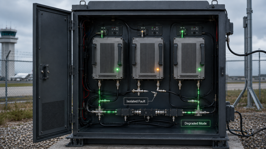 Redundant RF Power Amplifier system isolates one fault while other active paths continue operating