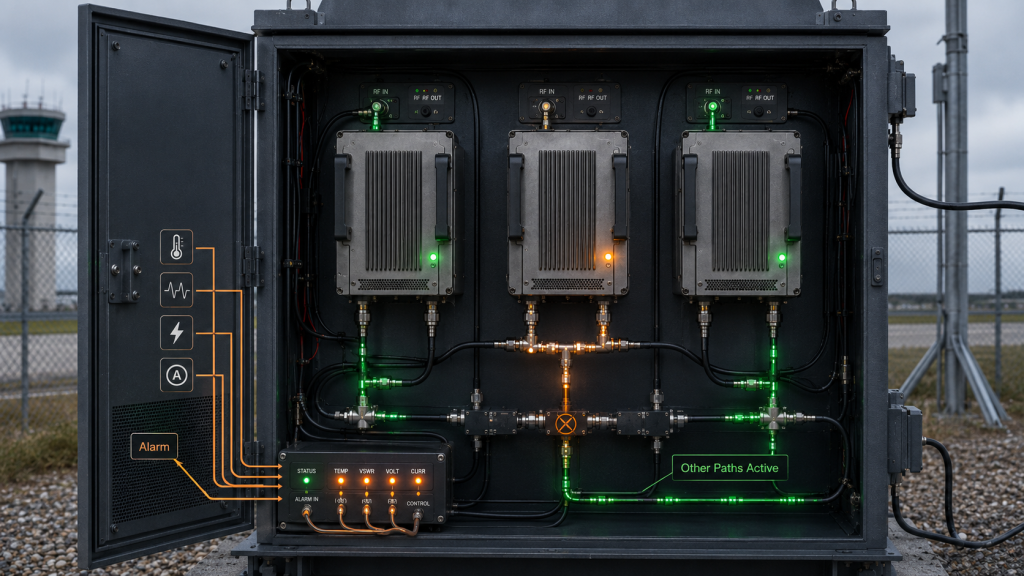 RF Power Amplifier alarm response showing protection feedback and other RF paths remaining active