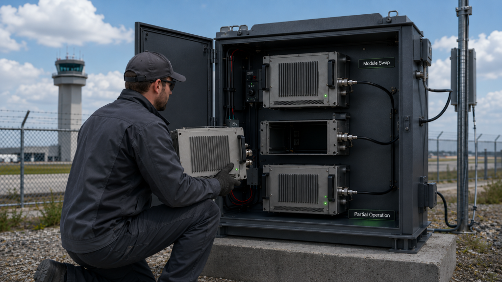 Technician swaps one RF Power Amplifier module while redundant modules maintain partial operation
