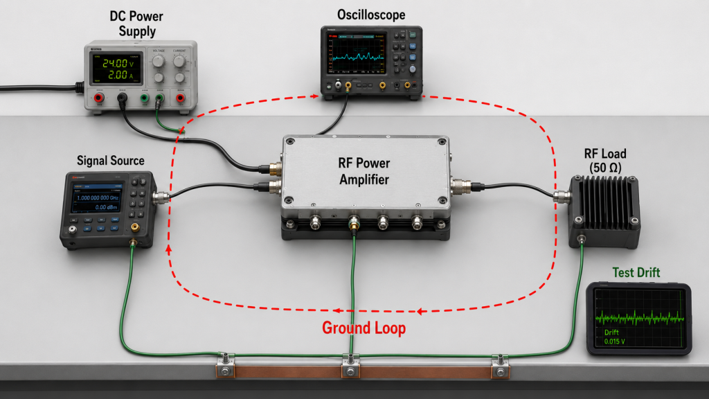 RF Power Amplifier test setup showing ground loop between power supply, oscilloscope, signal source, and RF load causing test drift.