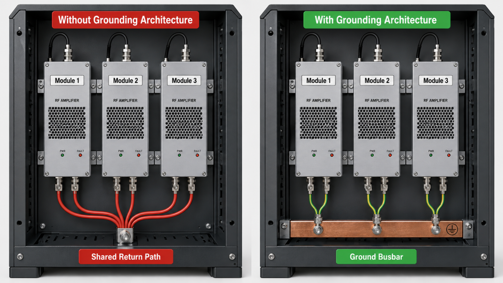 Multi-module RF Power Amplifier cabinet comparing shared return path with proper grounding architecture and ground busbar.