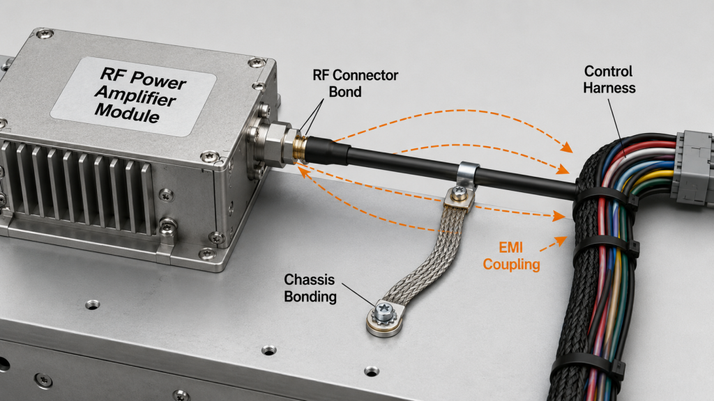 RF Power Amplifier module showing RF connector bond, chassis bonding, EMI coupling, and nearby control harness.