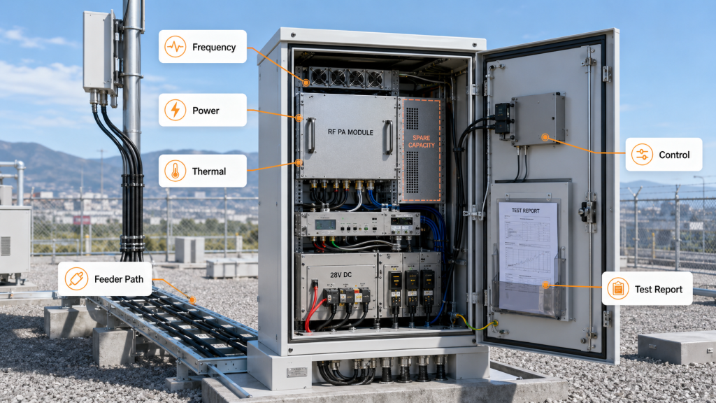 RF Power Amplifier upgrade margin includes frequency, power, thermal, control, feeder, and test planning