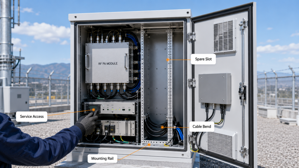 Reserved cabinet space for RF Power Amplifier upgrade with spare slot, cable bend, and service access
