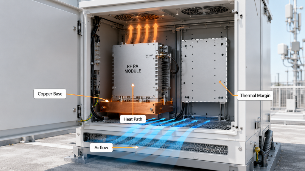 Thermal reserve for RF Power Amplifier modules with copper base, airflow path, and heat margin