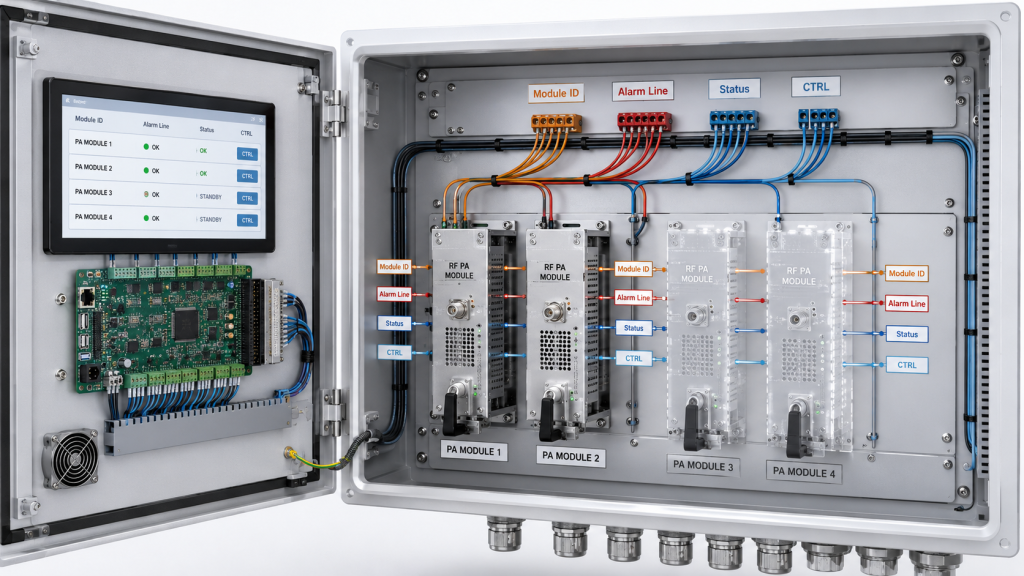 Expandable RF Power Amplifier control interface with module ID, alarm feedback, and status monitoring