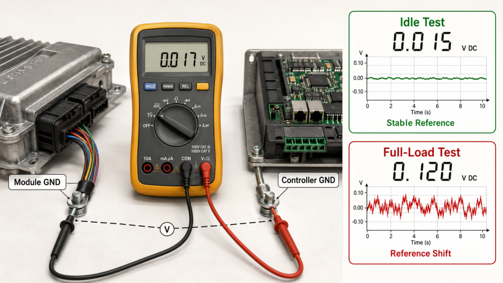 Engineer checking RF Power Amplifier grounding under idle and full-load conditions by measuring Module GND to Controller GND.