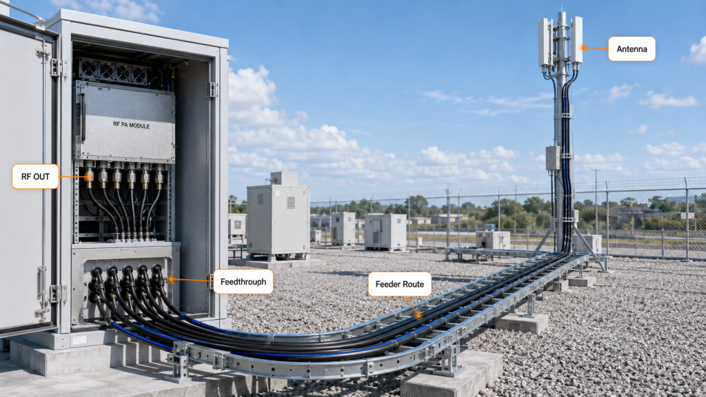 RF feeder path planning from cabinet output to future antenna route for C-UAS expansion