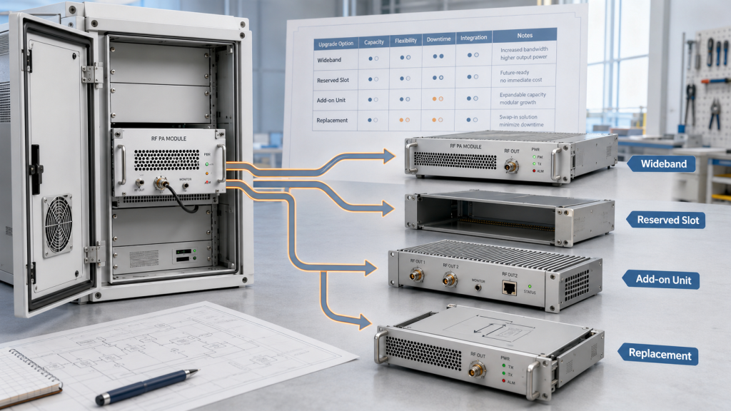RF Power Amplifier upgrade path options including wideband module, reserved slot, add-on unit, and replacement