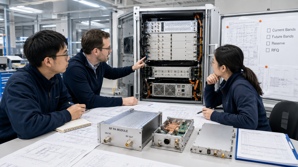 RF Power Amplifier RFQ review with current bands, future bands, reserve planning, and test evidence