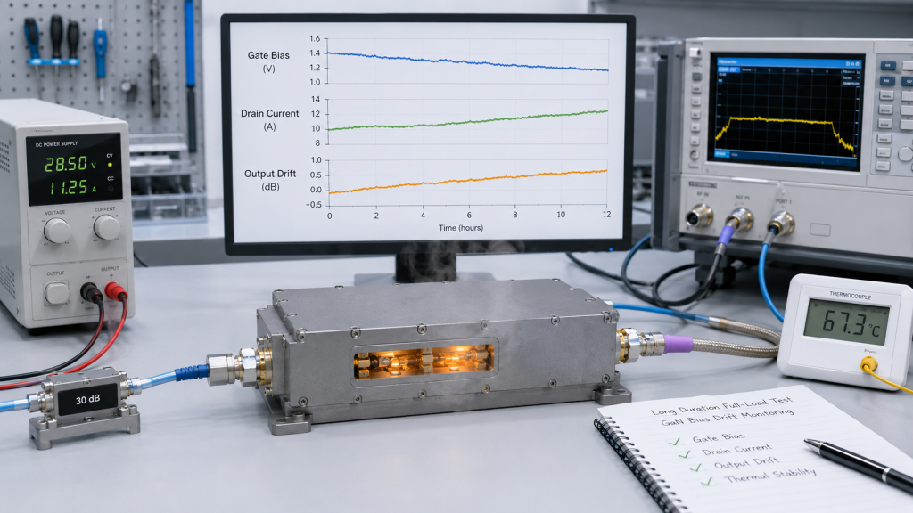 GaN bias drift revealing GaN Device Quality and stability under heat and long-duty RF operation