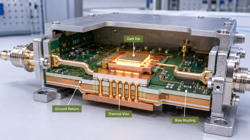 PCB layout and package thermal design supporting GaN Device Quality in RF Power Amplifier modules