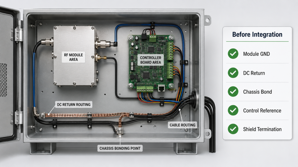 RF Power Amplifier cabinet integration checklist showing Module GND, DC Return, Chassis Bond, Control Reference, and Shield Termination.