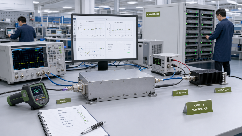 Factory verification of GaN Device Quality through hot-state testing, full-band sweep, and serial reports