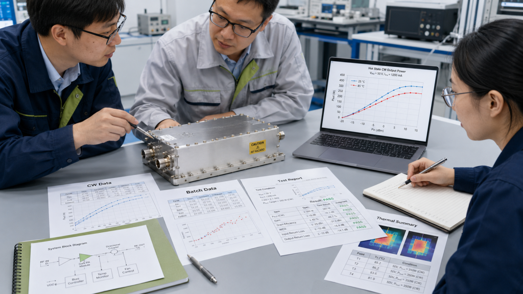 RFQ checklist for GaN Device Quality data including CW output, batch consistency, and VSWR response
