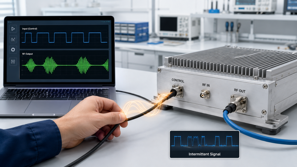 RF power amplifier control signal becomes intermittent when the interface cable is moved during testing.