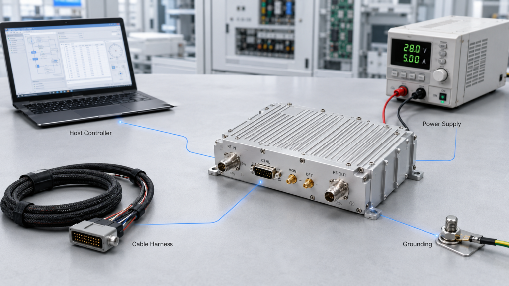 RF power amplifier control reliability review showing host controller, power supply, cable harness, and grounding factors.