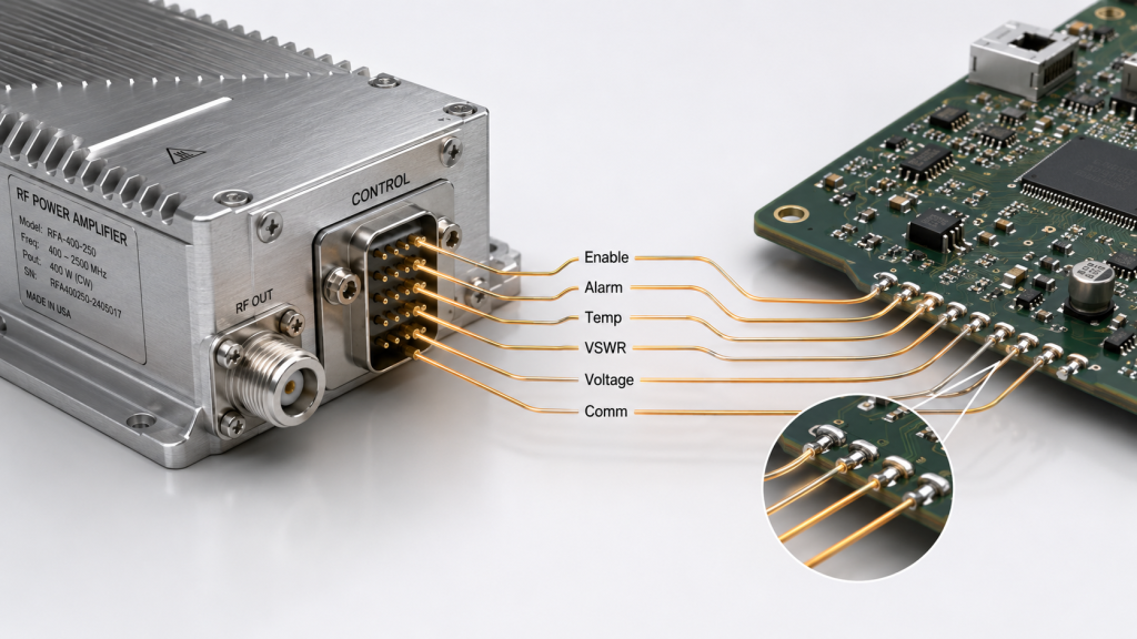RF power amplifier enable, alarm, temperature, VSWR, voltage, and communication signals connected through soldered interface paths.