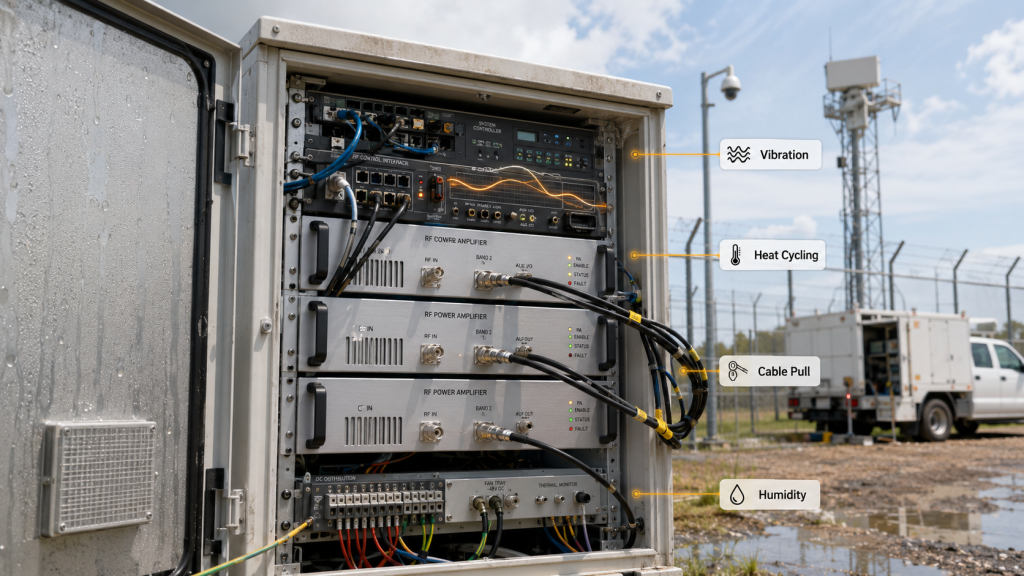 Outdoor C-UAS cabinet showing RF power amplifier control signals affected by vibration, heat cycling, cable pull, and humidity.