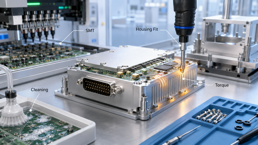 RF power amplifier interface manufacturing process showing SMT, cleaning, housing fit, and torque effects on control reliability.