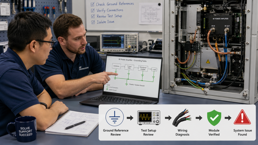 Supplier and system integrator reviewing RF Power Amplifier grounding, test setup, wiring diagnosis, and system issue verification.