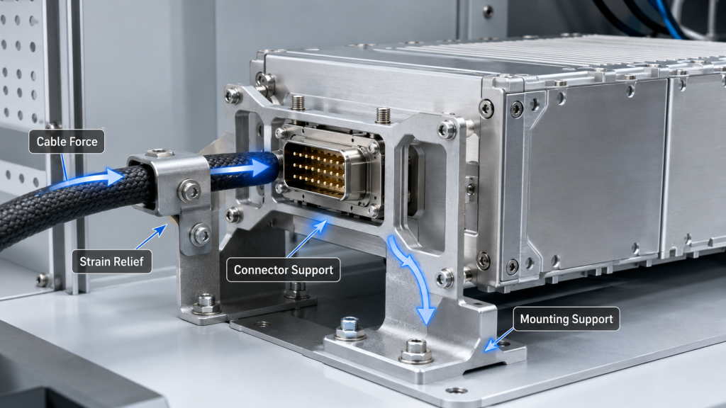 RF power amplifier control connector supported by strain relief, connector support, and mounting support to reduce cable force.