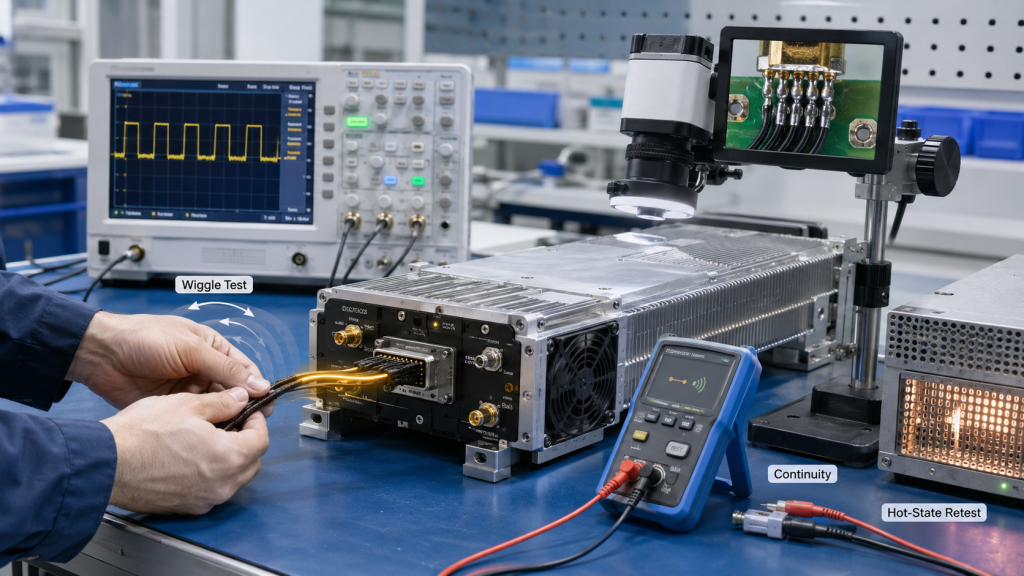 RF power amplifier control interface testing with wiggle test, solder inspection, continuity check, and hot-state retest.
