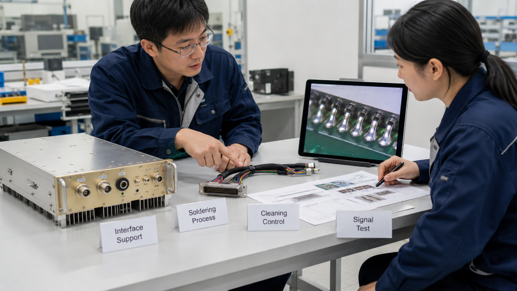 Engineers review RF power amplifier interface support, soldering process, cleaning control, and signal test before quotation.