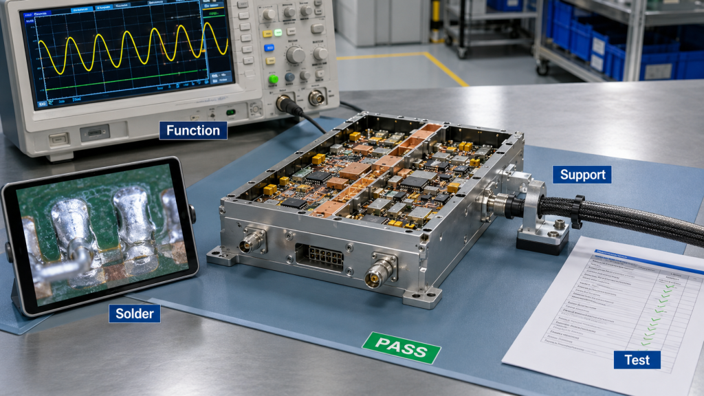 RF power amplifier interface reliability decision based on signal function, solder quality, mechanical support, and test evidence.