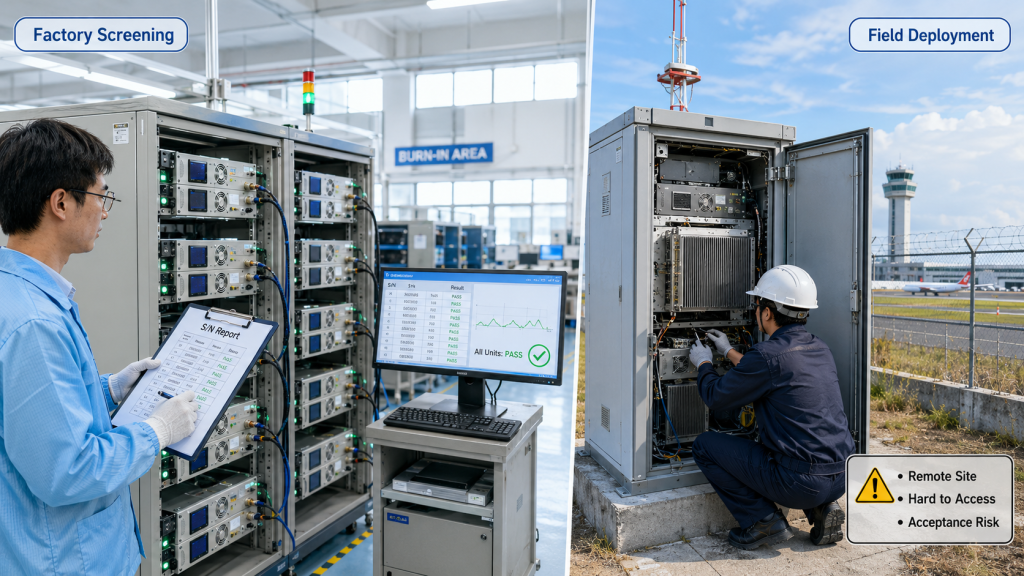Factory burn-in screening compared with harsh field deployment risks for RF Power Amplifier modules
